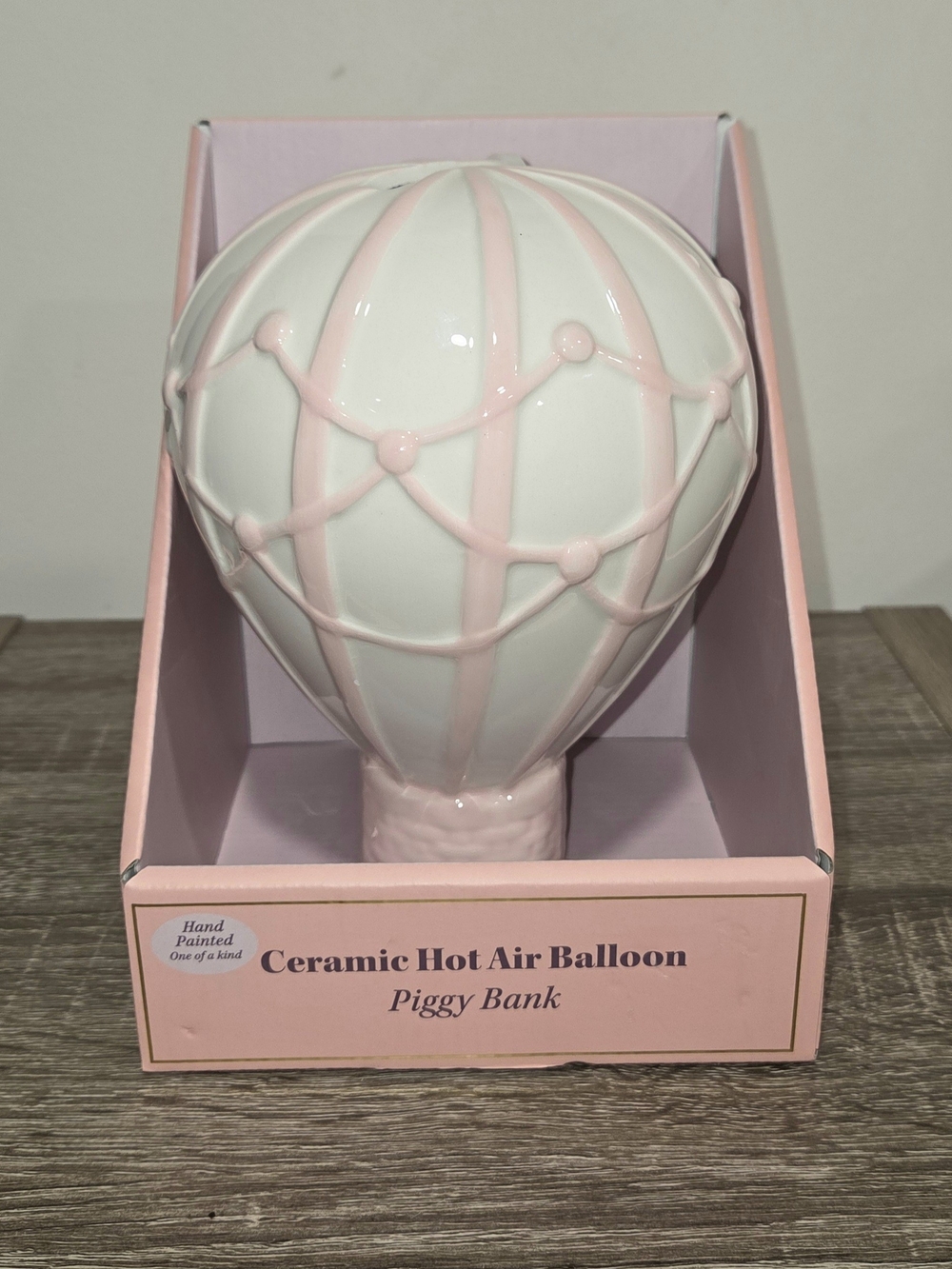 Ceramic Hot Air Balloon Pink and White Piggy Bank New.